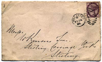 Letter to Messrs W Kinross Sons, postmarked Lancaster 26 February 1886.