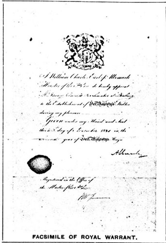 Fascimile of The Royal Warrant
